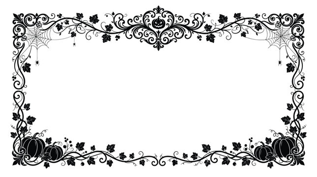 Gothic Halloween frame with ornate filigree, vintage spooky border with pumpkins and spider webs, black victorian floral scrollwork vector isolated on White Background editable eps