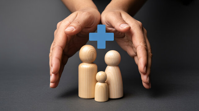 Family health insurance concept, protective hands over wooden figures with medical cross, life coverage and security