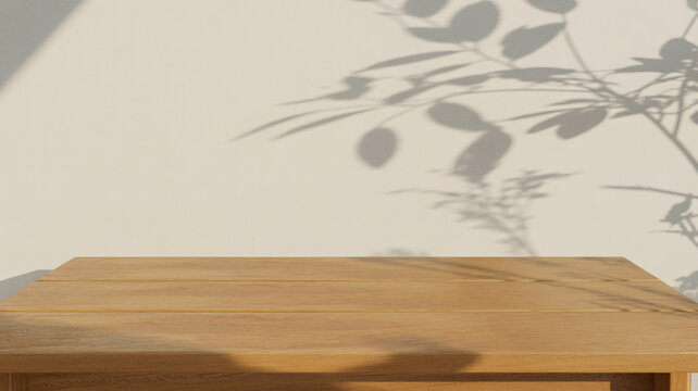 Minimalist wooden table mockup, empty wood surface with leaf shadows, aesthetic product display background on beige wall