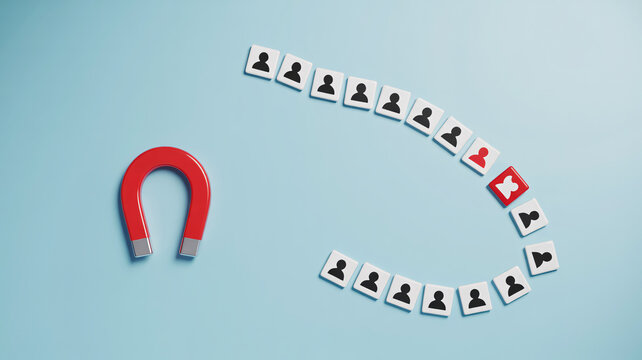 Red horseshoe magnet attracting customer icons, lead generation and talent acquisition concept, marketing strategy on blue background