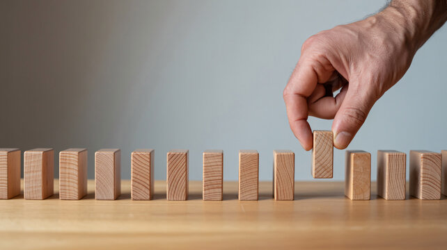 Minimalist wooden block strategy concept, hand placing timber piece in row. Business planning and risk management metaphor.