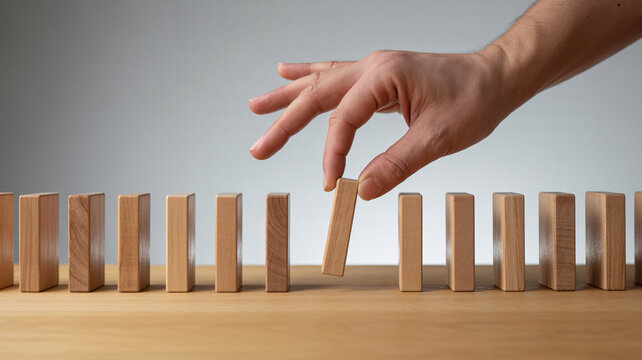 Wooden domino blocks risk management concept, hand removing timber piece from row, business strategy and failure prevention