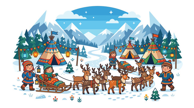 Indigenous arctic village with tents reindeer and mountains.