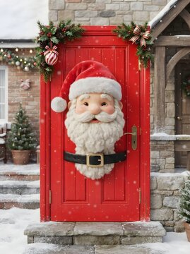 Festive santa claus face peeking through a decorated red front door during winter holidays