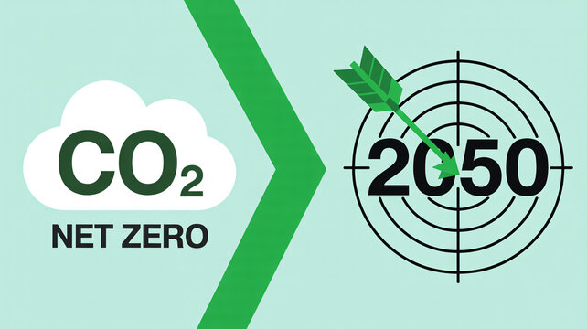 Net zero CO2 emissions target 2050, carbon neutral goal with arrow hitting bullseye, environmental sustainability concept