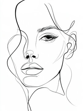 Minimal line art of woman face with flowing hair and expressive eye