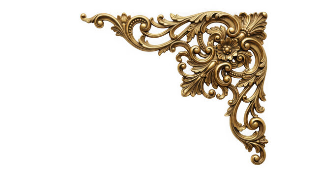 Ornate gold vintage corner frame element with floral carvings isolated on transparent background