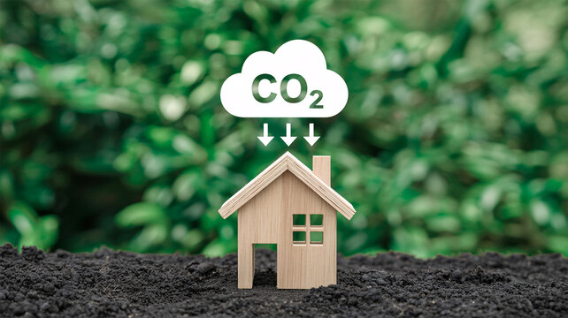 Sustainable wooden house model with CO2 cloud icon, carbon footprint reduction concept, eco-friendly home energy efficiency