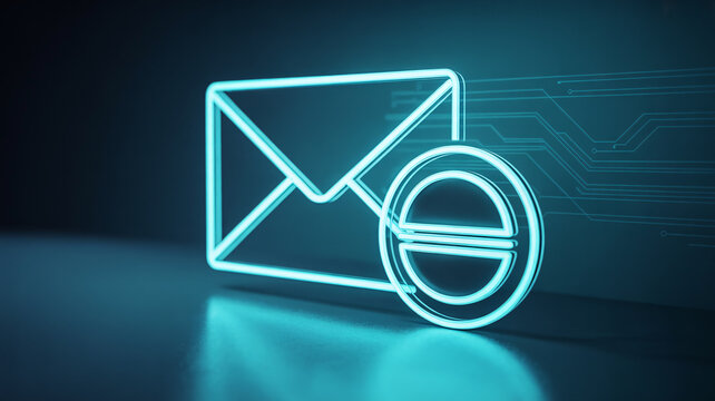 Cybersecurity email block icon, glowing neon blue envelope with restricted sign, digital communication security and spam protection concept