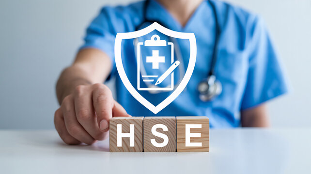 HSE health safety environment concept, medical professional with wooden blocks, occupational safety and health management