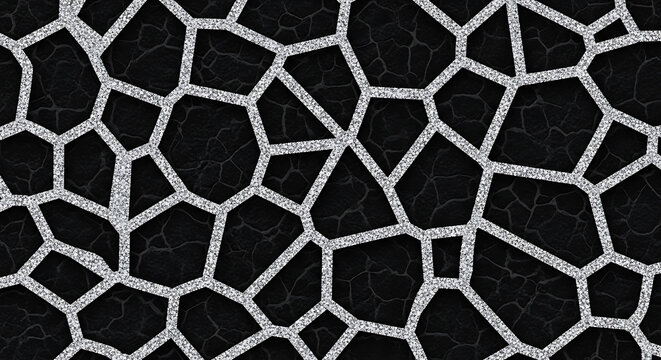 Black background with silver glitter geometric pattern and cracked texture