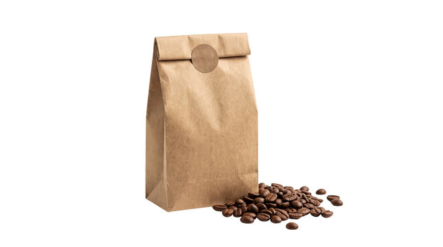 Brown kraft paper coffee bag with roasted beans, eco-friendly coffee packaging mockup, organic coffee bean bag on white background