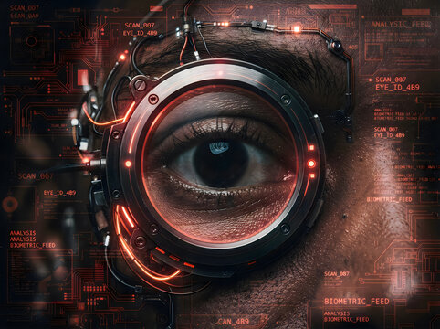 Close up of a human eye with digital cybernetic scanner and glowing red circuit data