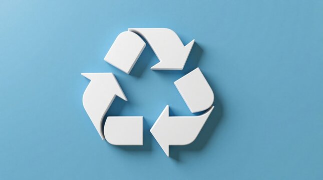 White recycling symbol on blue backdrop represents sustainability. Focus on eco friendly living, waste reduction and circular economy concepts.