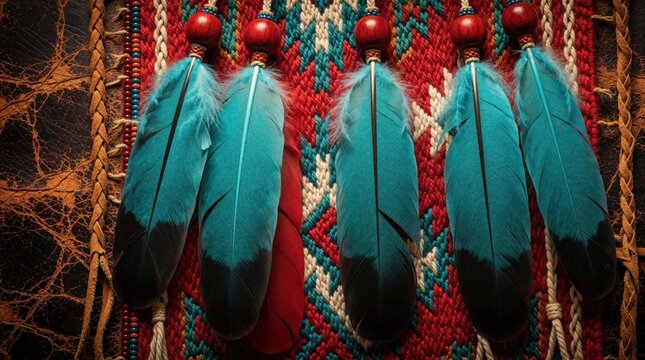 Native American feathers with beaded accents hang on woven fabric and leather. Turquoise and red plumes contrast with intricate tribal patterns. Detailed beadwork and fringe suggest cultural craft.
