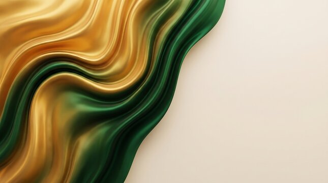 Elegant abstract flowing gold and emerald green silk background with 3d waves and large copy space