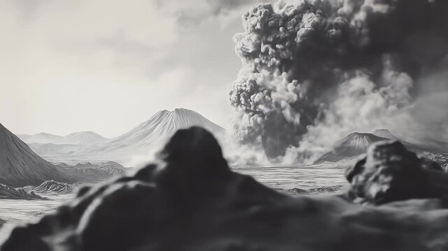 Volcanic eruption in desolate landscape, grayscale