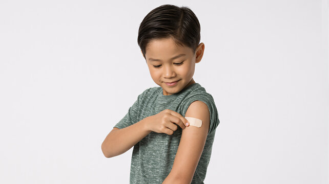 Brave young boy with adhesive bandage on arm, child showing medical plaster after vaccination, healthcare and pediatric care concept