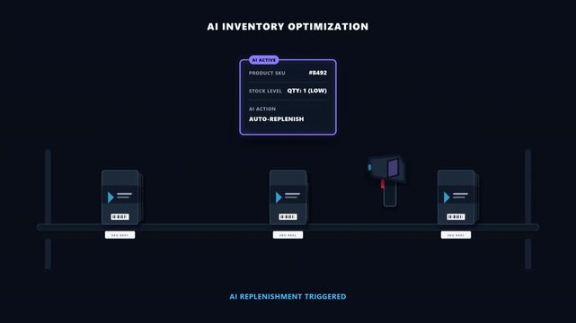 Premium 8-second 4K flat 2.5D animation visualizing an AI-powered retail inventory scan. Shows a handheld scanner analyzing a low-stock shelf, triggering an AI replenishment alert, and automatically r