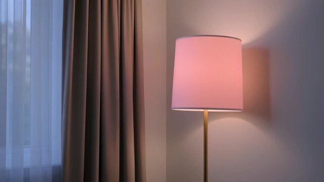 Soft pink table lamp beside draped fabric curtains, warm gentle light filtering through. Cozy bedroom or living room interior, calm lighting and textile home decor concept.
