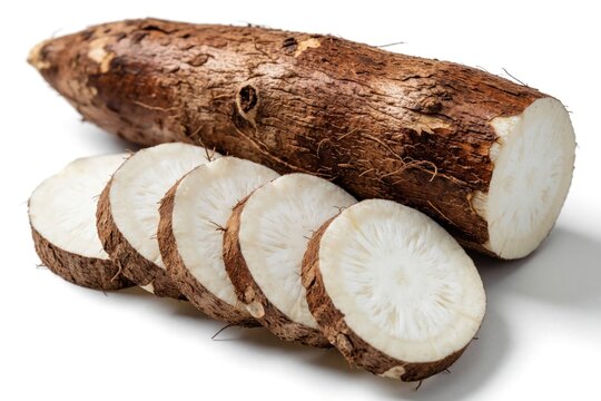 Whole unpeeled cassava root with four fresh slices on white background. Raw manioc tuber shows brown skin, white interior. Organic tropical vegetable ingredient for healthy cooking, starch source for