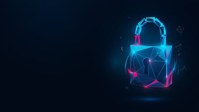 Digital padlock with neon wireframe design represents computer encryption and secure internet access.