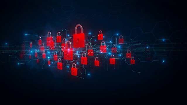 Security shield on an illuminated circuit board represents network firewall protection and digital safety.