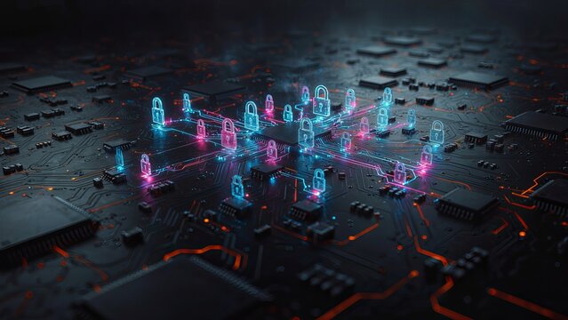 Security shield on an illuminated circuit board represents network firewall protection and digital safety.