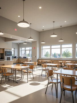 Bright modern empty cafeteria interior with serving counter and seating area bathed in sunlight
