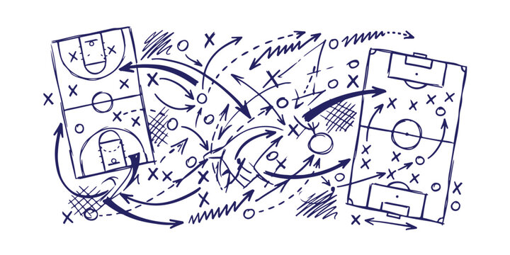 Hand drawn sports game plan with basketball court and soccer field diagrams