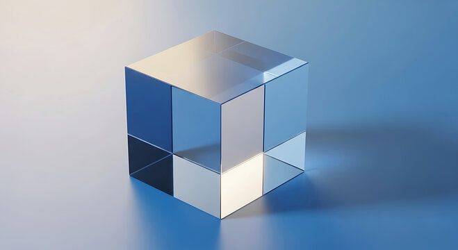 Geometric glass cube with blue white facets on blue background abstract crystal