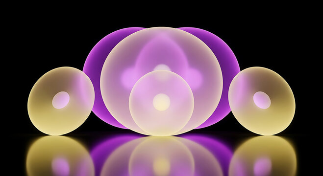 Glowing translucent spheres in purple and yellow with reflections abstract light