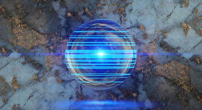 Glowing blue orb with horizontal light lines on textured blue and gold background sphere