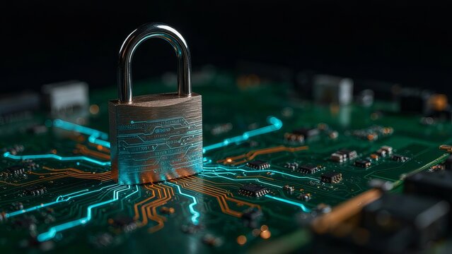 Security shield on an illuminated circuit board represents network firewall protection and digital safety.