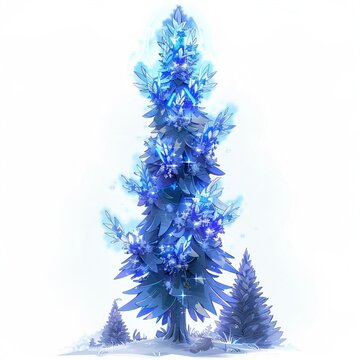 A tall structured Pine tree, glowing cool steel-blue holographic light core, blooming with precise geometric frost-blue star-shaped flowers.