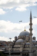 Historical New Mosque stands under cloudy sky with seagulls flying above minaret in Istanbul. Traditional Ottoman architecture represents religious heritage and famous travel landmark in Turkey. © Tetiana