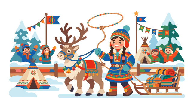 Sami girl with reindeer and sled in winter village.