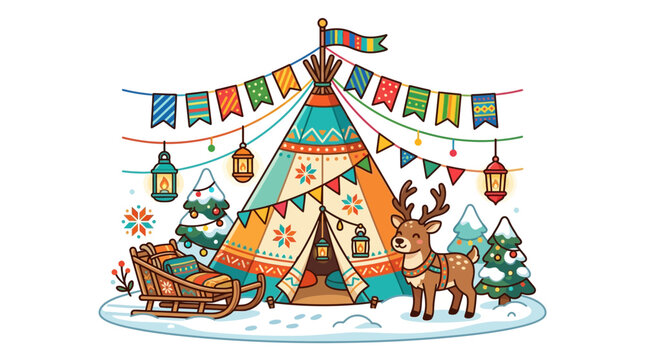 Festive Arctic Lavvu tent with reindeer and sled illustration.
