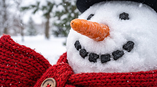 Extreme closeup of smiling snowman face with carrot nose and scarf perfect for joyful winter holiday greeting post