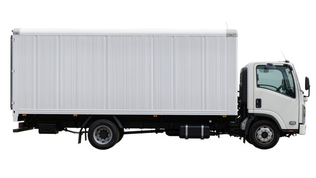 White box truck with corrugated cargo container, isolated on transparent background