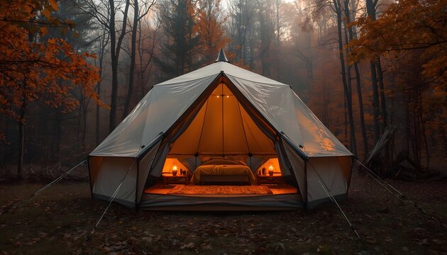 A modern geometric safari dome tent with a large transparent window panel