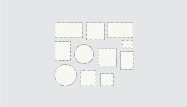 Set of blank postage stamp frames in different geometric shapes including circles and rectangles on a gray background.