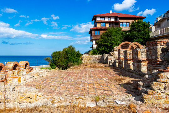 View of the remains of the Basilica of the Holy Mother of God Eleusa in Old Town Nessebar, Burgas Province, Bulgarian Black Sea Coast