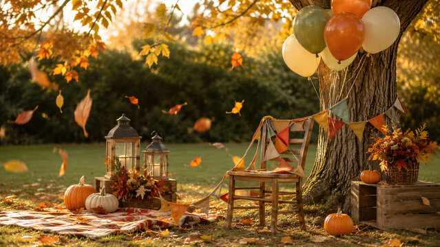 Outdoor autumn birthday party decoration with balloons, wooden chair, bunting flags, pumpkins, lanterns and plaid blanket under tree with falling leaves. Cozy fall celebration. Kids party concept