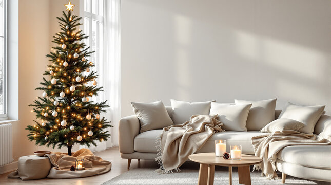 Modern Scandinavian living room decorated for Christmas with minimalist tree, beige sofa and copy space on wall