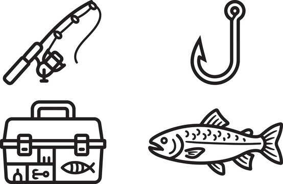 Fishing equipment and marine gear icons including fishing rod hook tackle box and fish illustrations.