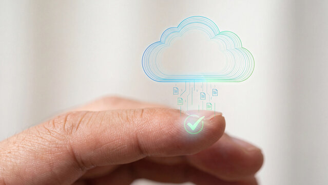 Cloud storage and digital document management concept. Finger touching cloud icon with online file upload, data backup and green success checkmark for technology computing system