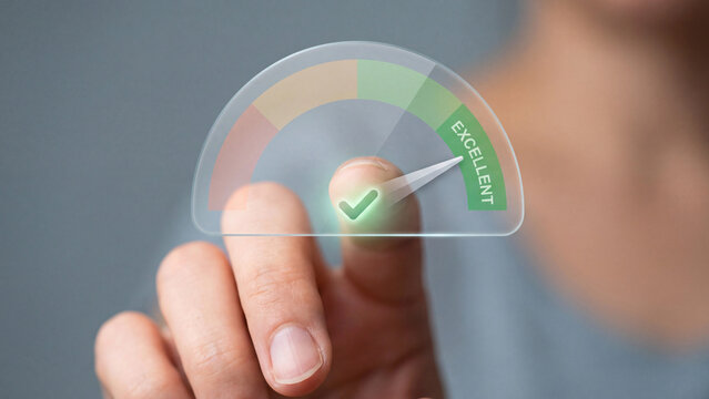 Customer satisfaction and service quality rating concept. Finger touching gauge meter at excellent level with success checkmark for business performance evaluation, feedback and review