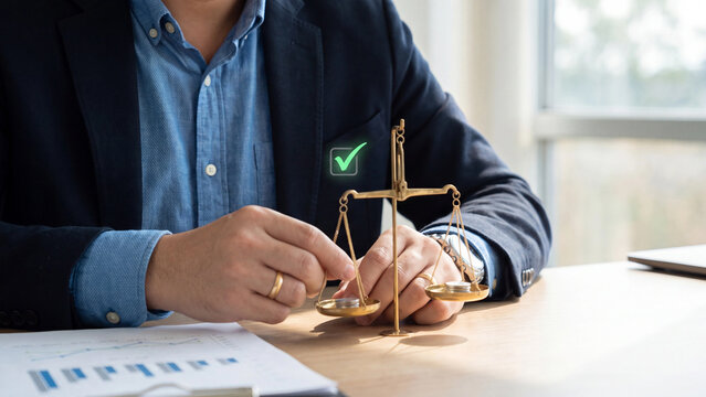 Law justice and business balance concept. Lawyer holding golden scale of justice with coins and green success checkmark for legal decision, finance judgment and compliance fairness
