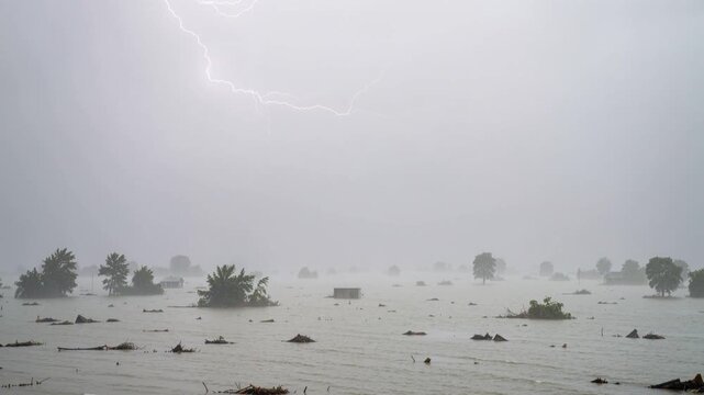 coastal landscape flooded by tsunami with debris and tree tops visible